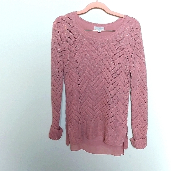 Lucky Brand Sweaters - Lucky Brand Pink Metallic Crochet Open Knit Scoop Neck Sweater Size Small